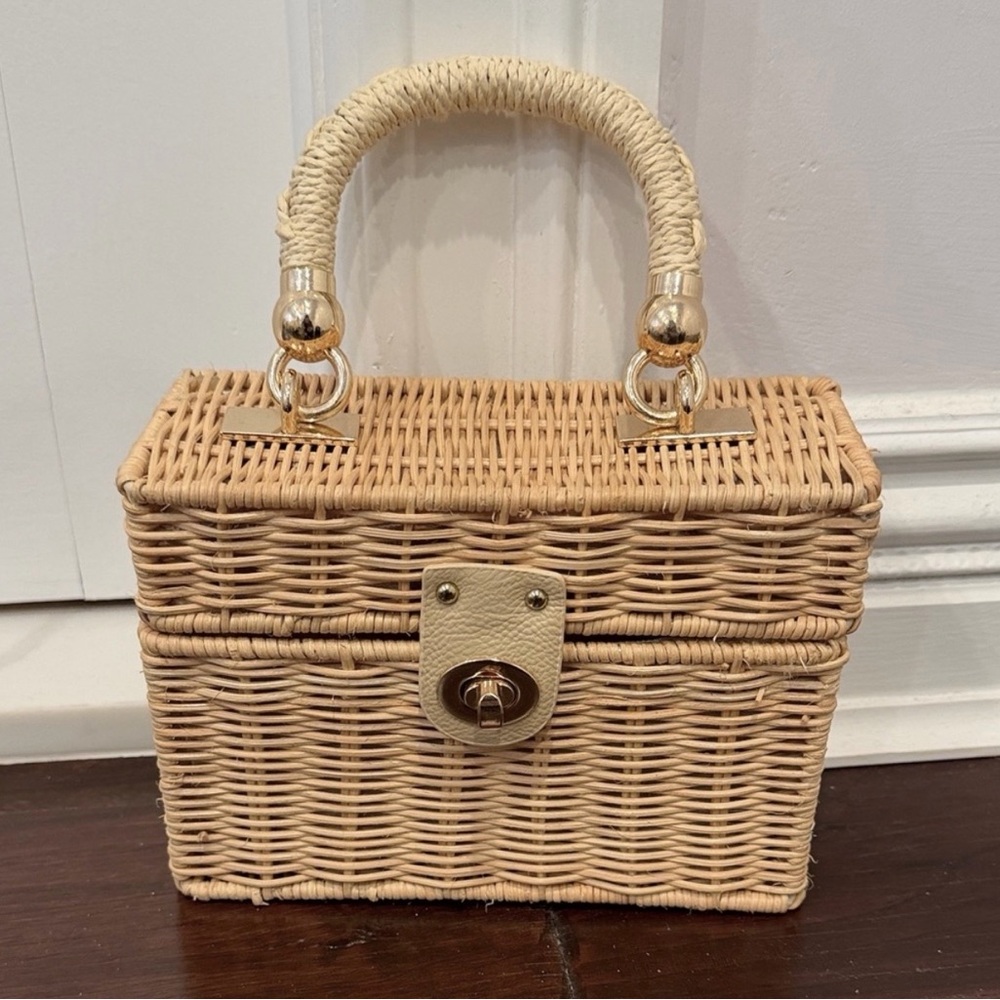 White House Black Market Natural Ratan Mini Bag with Gold Chain Strap